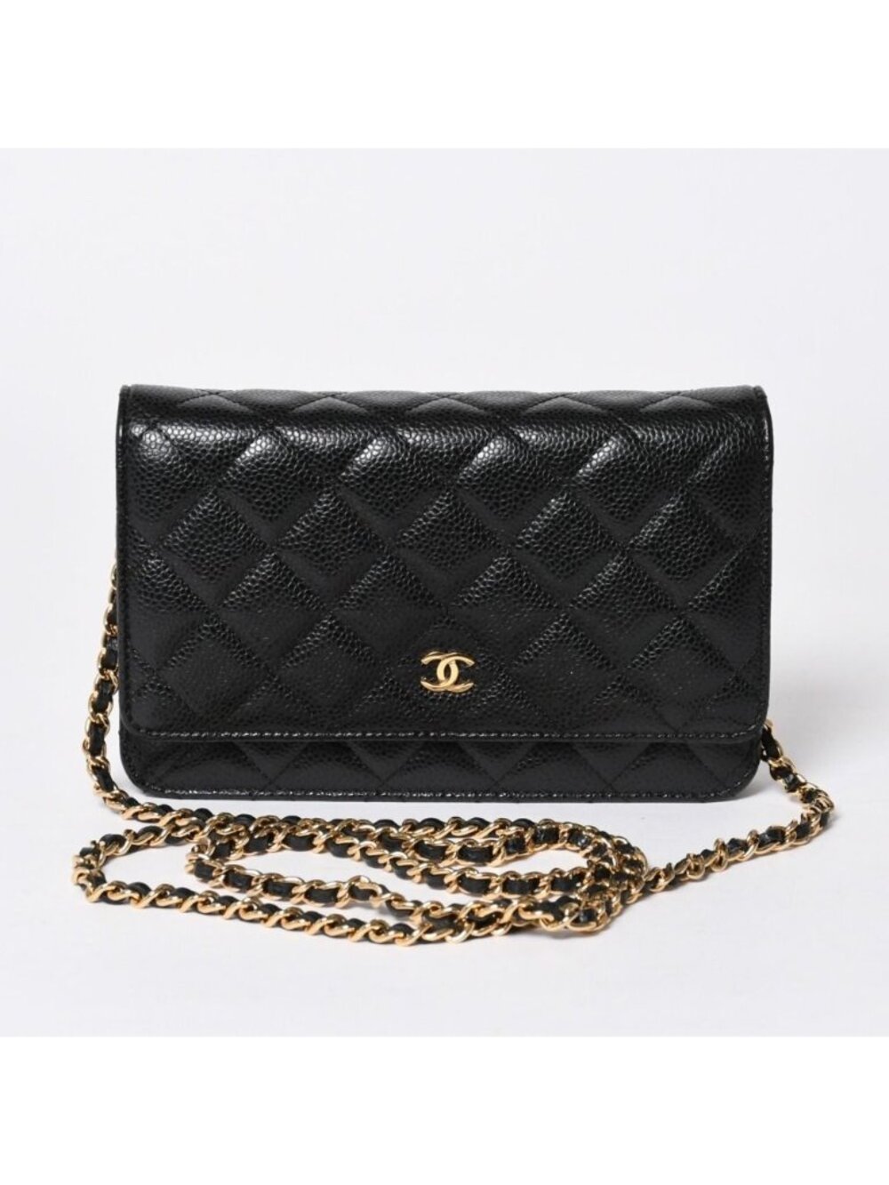 Chanel Chain Wallet CC Logo Caviar Leather Black Gold Shoulder Bag
